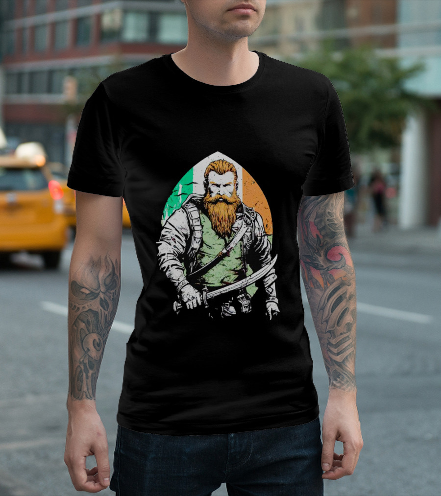 Irish American Pride Warrior with Sword and Flag Background T-Shirt