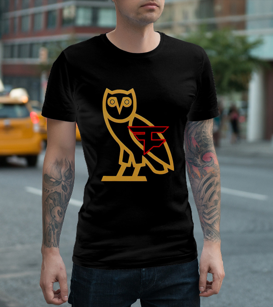 OVO X FaZe Clan OG Owl Red And Gold Logo Collaboration T-Shirt
