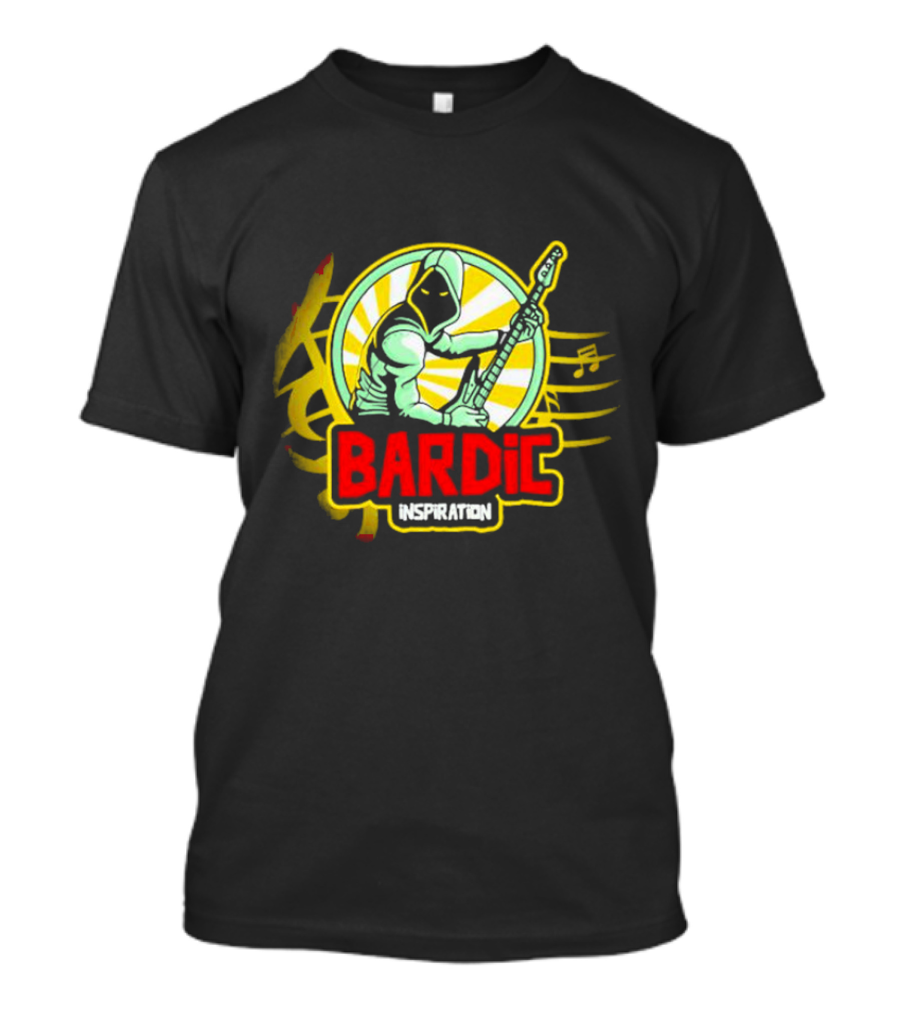 Bardic Inspiration Musical Hooded Figure With Guitar And Notes T-Shirt