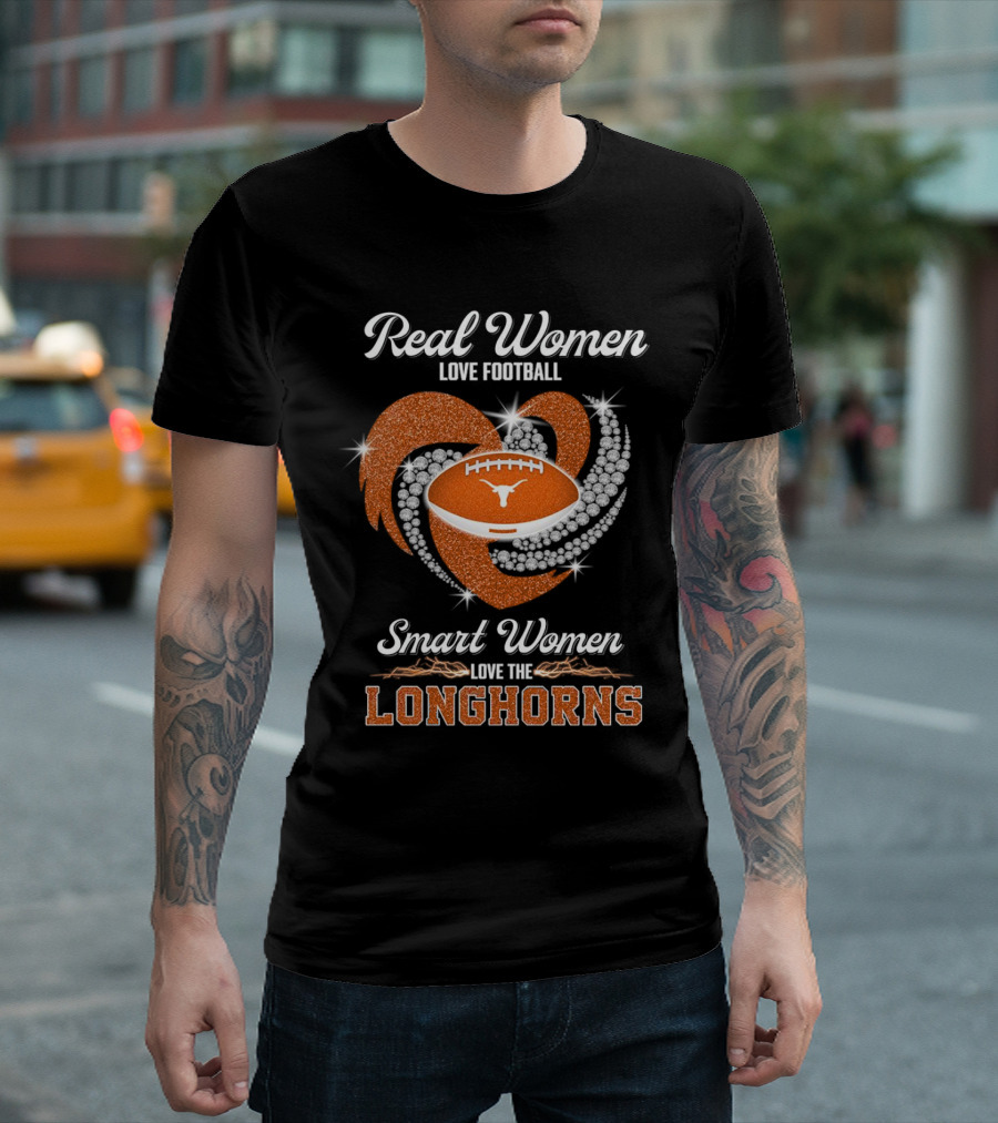 Real Women Love Football Smart Women Love the Longhorns Rhinestone Football Heart T-Shirt