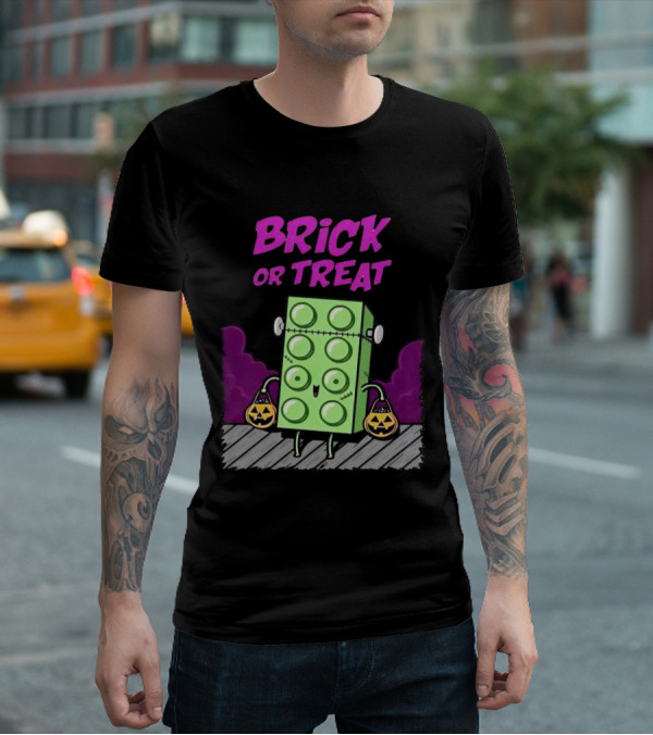Brick Or Treat Halloween Green Block With Jack-o'-Lanterns Cartoon T-Shirt