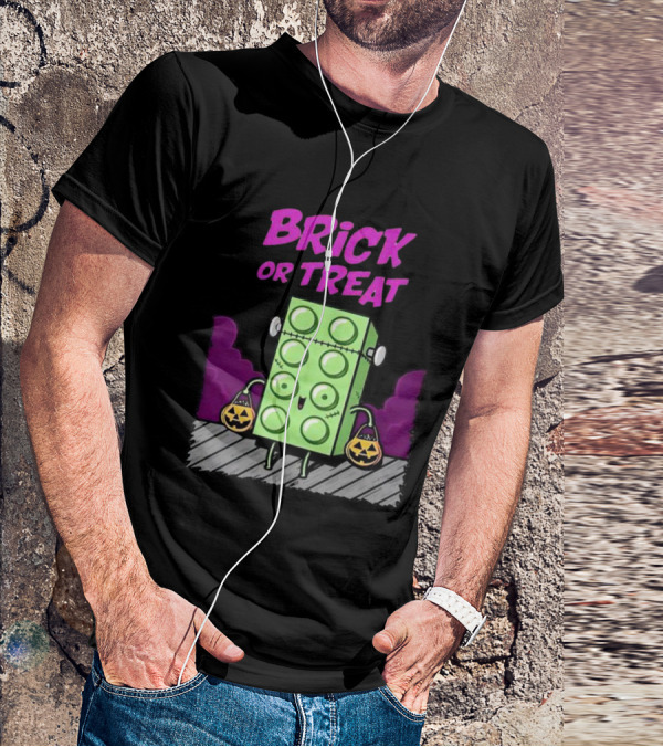 Brick Or Treat Halloween Green Block With Jack-o'-Lanterns Cartoon T-Shirt