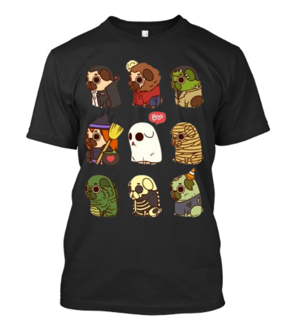 Halloween Puglie Vampire Werewolf Zombie Witch Ghost Mummy Creature Skeleton Clown T-Shirt