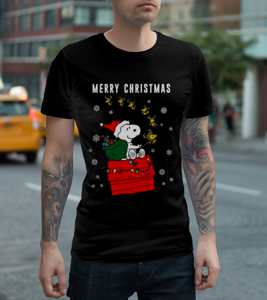 Merry Christmas Snoopy Santa on Doghouse with Reindeer and Snowflakes T-Shirt