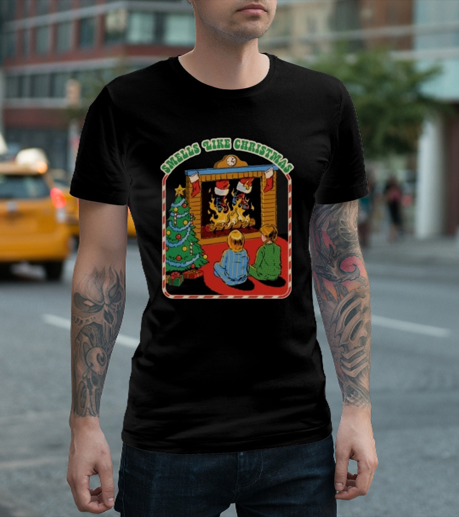 Smells Like Christmas by the Fireplace with Christmas Tree and Stockings T-Shirt