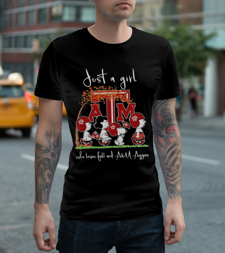 Just A Girl Who Loves Fall And Texas A&M Aggies With Peanuts Characters T-Shirt