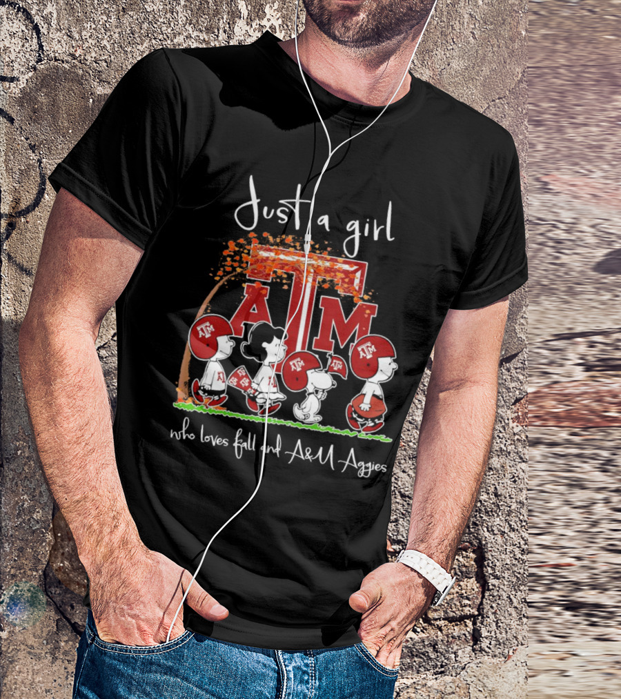 Just A Girl Who Loves Fall And Texas A&M Aggies With Peanuts Characters T-Shirt