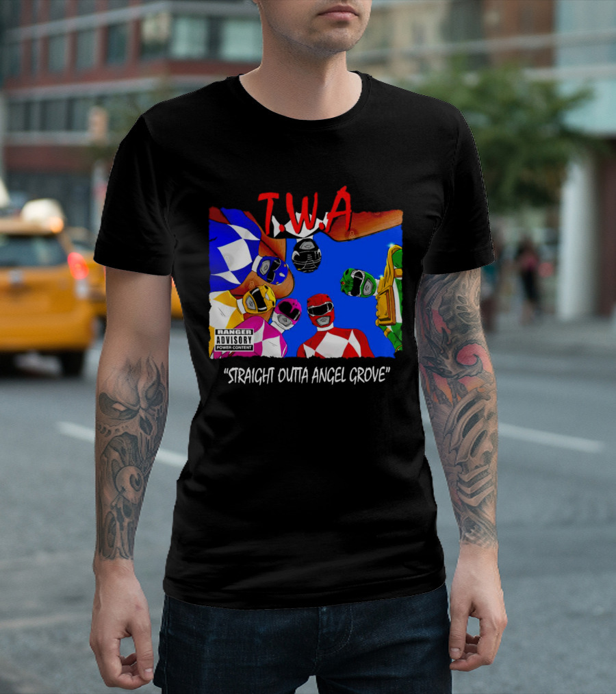 T.W.A Mighty Morphin Power Rangers Straight Outta Angel Grove Ranger Advisory Power Content T-Shirt