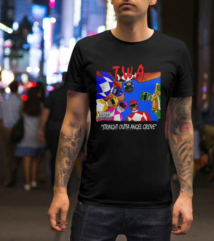 T.W.A Mighty Morphin Power Rangers Straight Outta Angel Grove Ranger Advisory Power Content T-Shirt