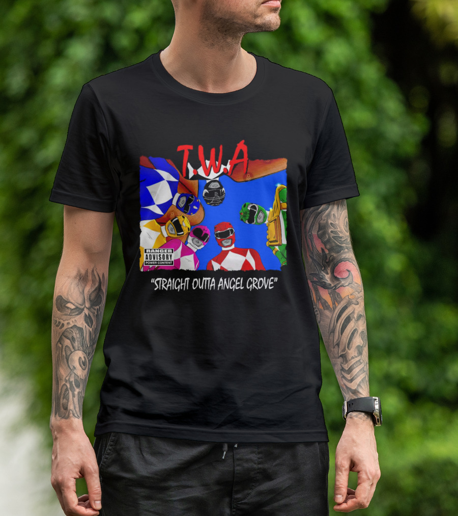 T.W.A Mighty Morphin Power Rangers Straight Outta Angel Grove Ranger Advisory Power Content T-Shirt