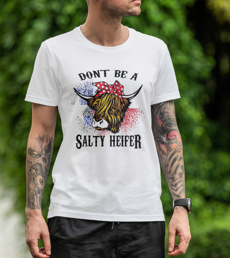 Don't Be A Salty Heifer Highland Cow With American Flag Colors T-Shirt