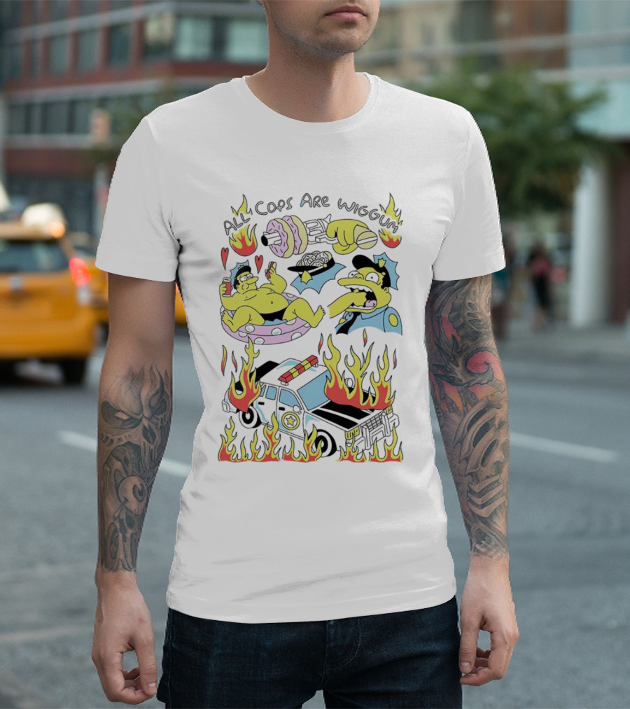 The Simpsons All Cops Are Wiggum Donuts Fire Flames Police Car T-Shirt