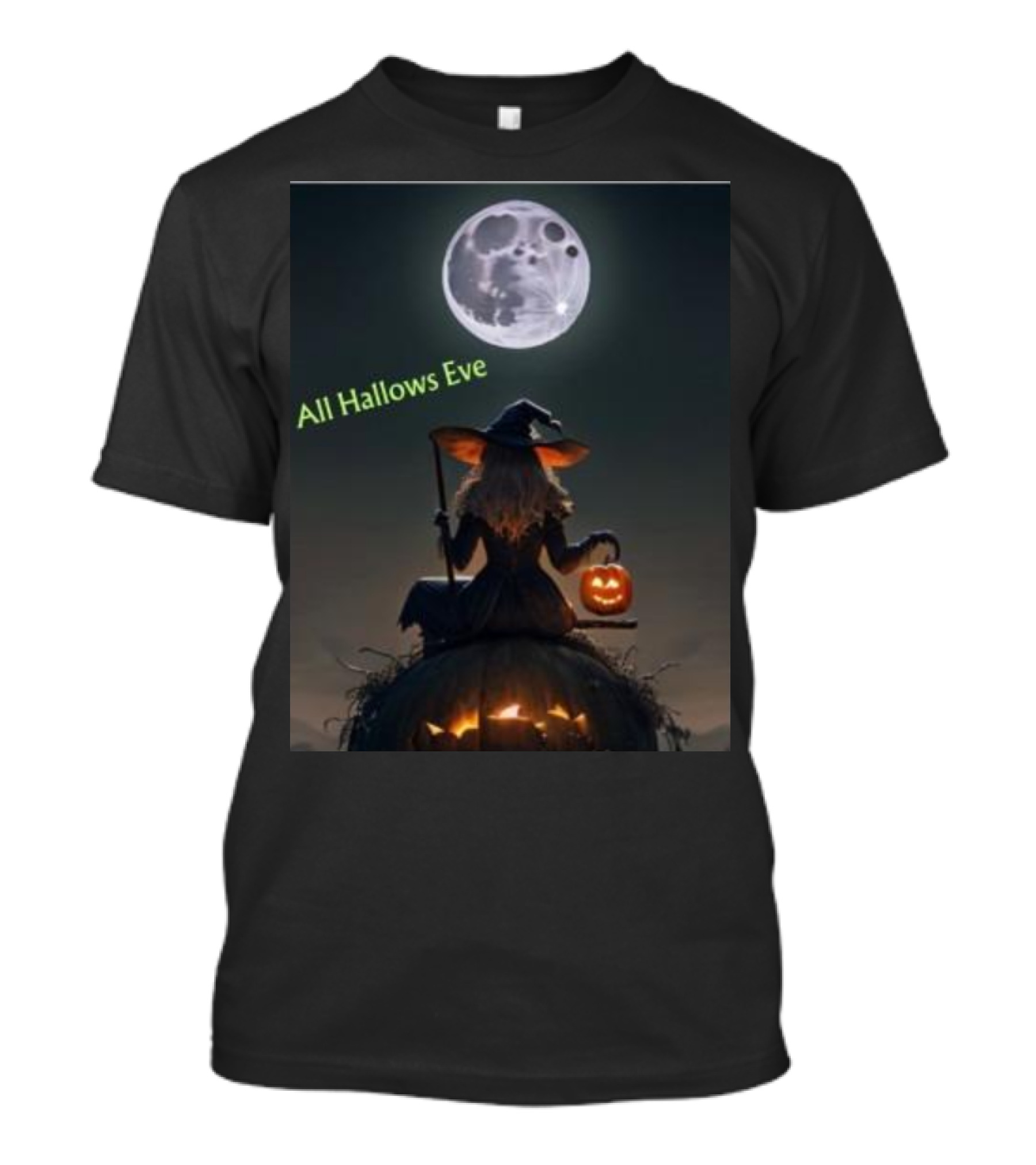 All Hallows Eve Witch With Jack-O-Lantern Under Full Moon Halloween T-Shirt