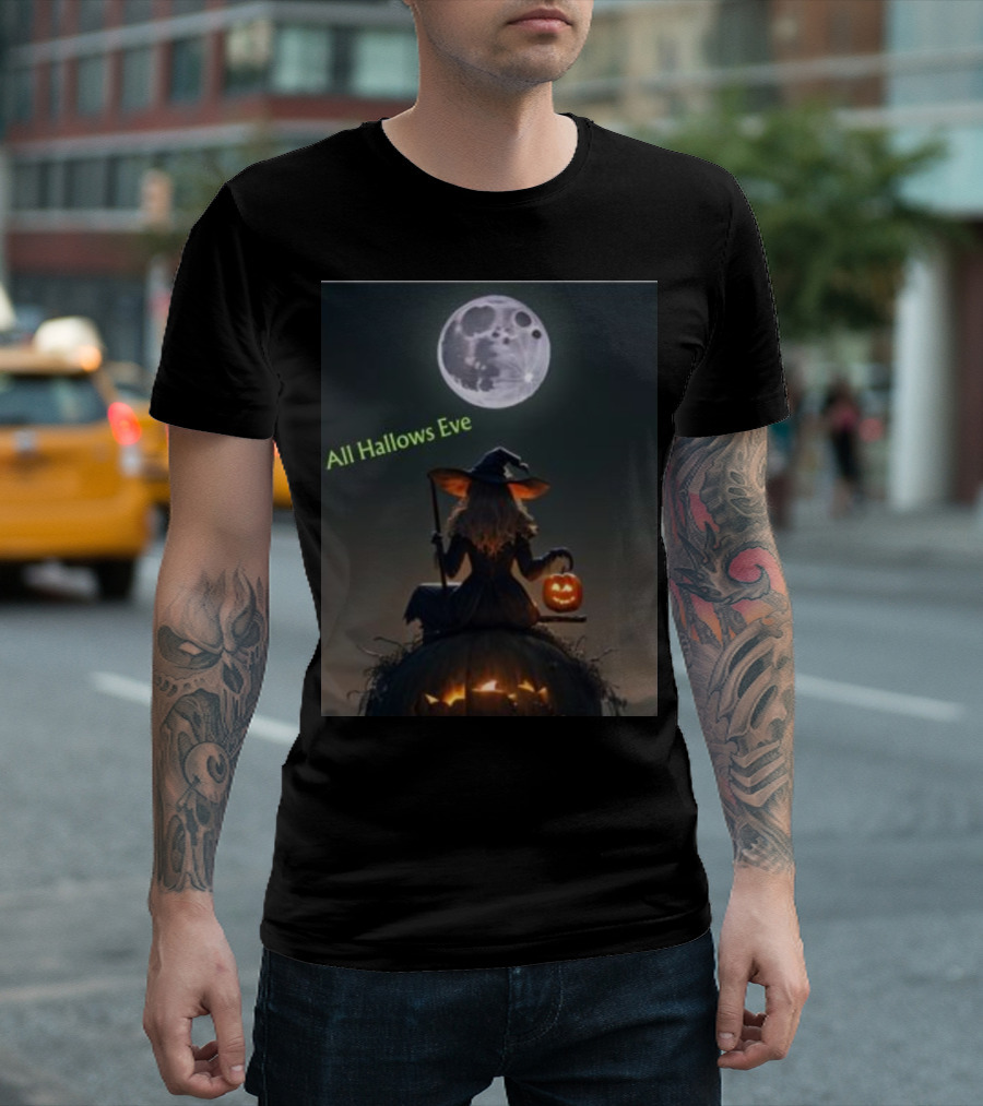 All Hallows Eve Witch With Jack-O-Lantern Under Full Moon Halloween T-Shirt