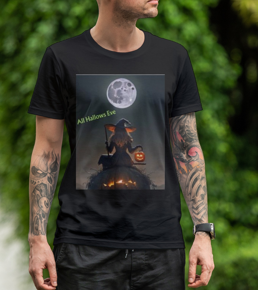 All Hallows Eve Witch With Jack-O-Lantern Under Full Moon Halloween T-Shirt
