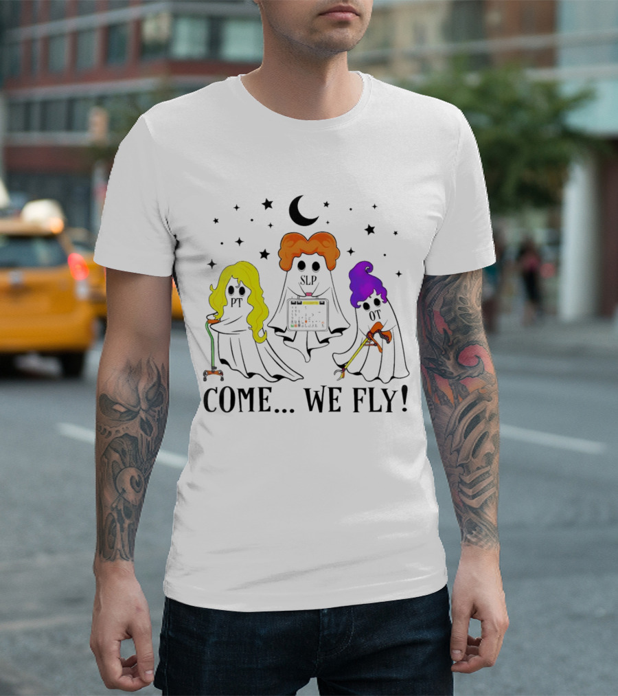 Hocus Pocus Come We Fly PT SLP OT Halloween Ghosts Black Cloaks Moon Stars T-Shirt