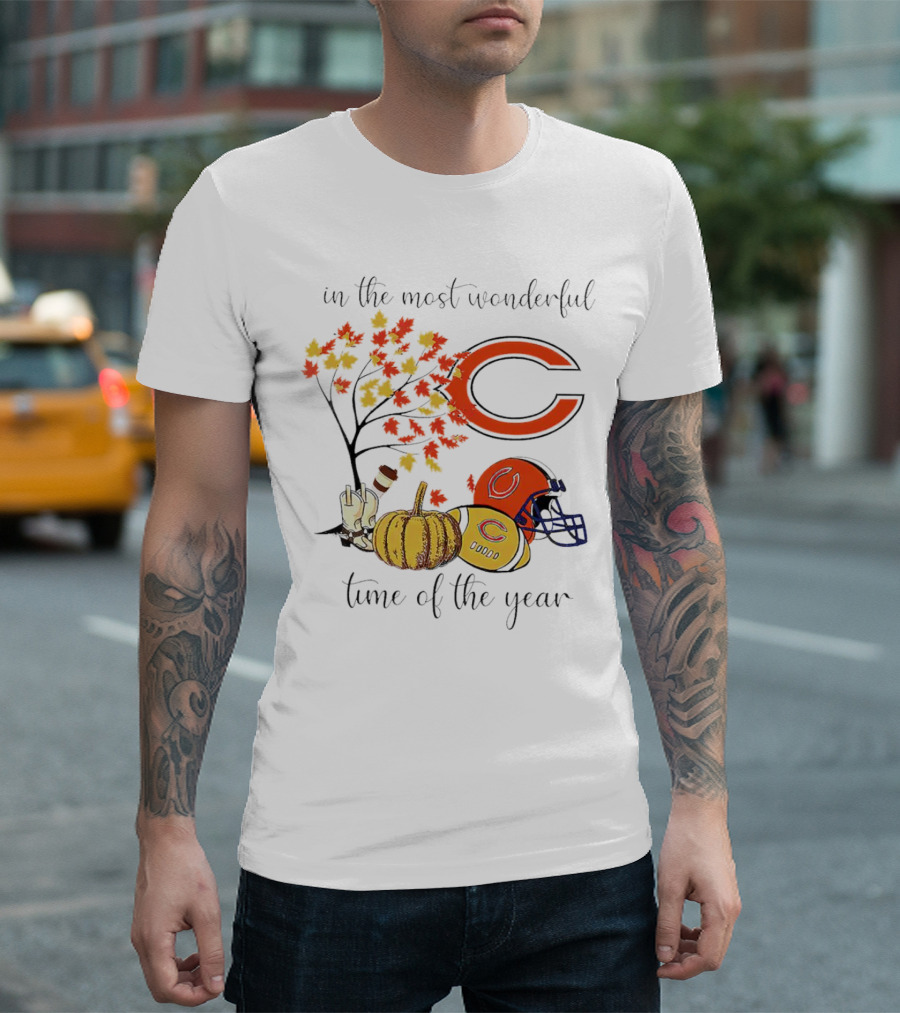 In the Most Wonderful Time of the Year Chicago Bears Thanksgiving Helmets and Autumn Leaves T-Shirt