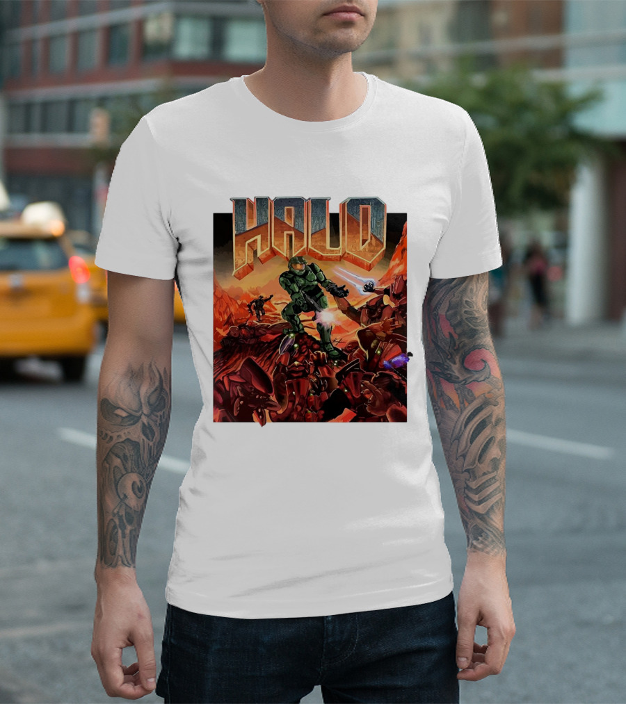 Halo Doom Crossover Battle Scene T-Shirt