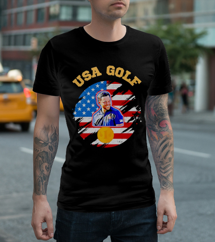 USA Golf Xander Schauffele USA Flag Gold Medal T-Shirt