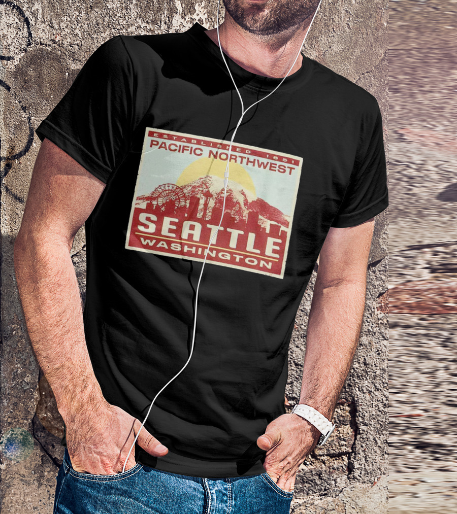 Seattle Pacific Northwest Established 1851 Washington Skyline Ferris Wheel Sun Mountain T-Shirt