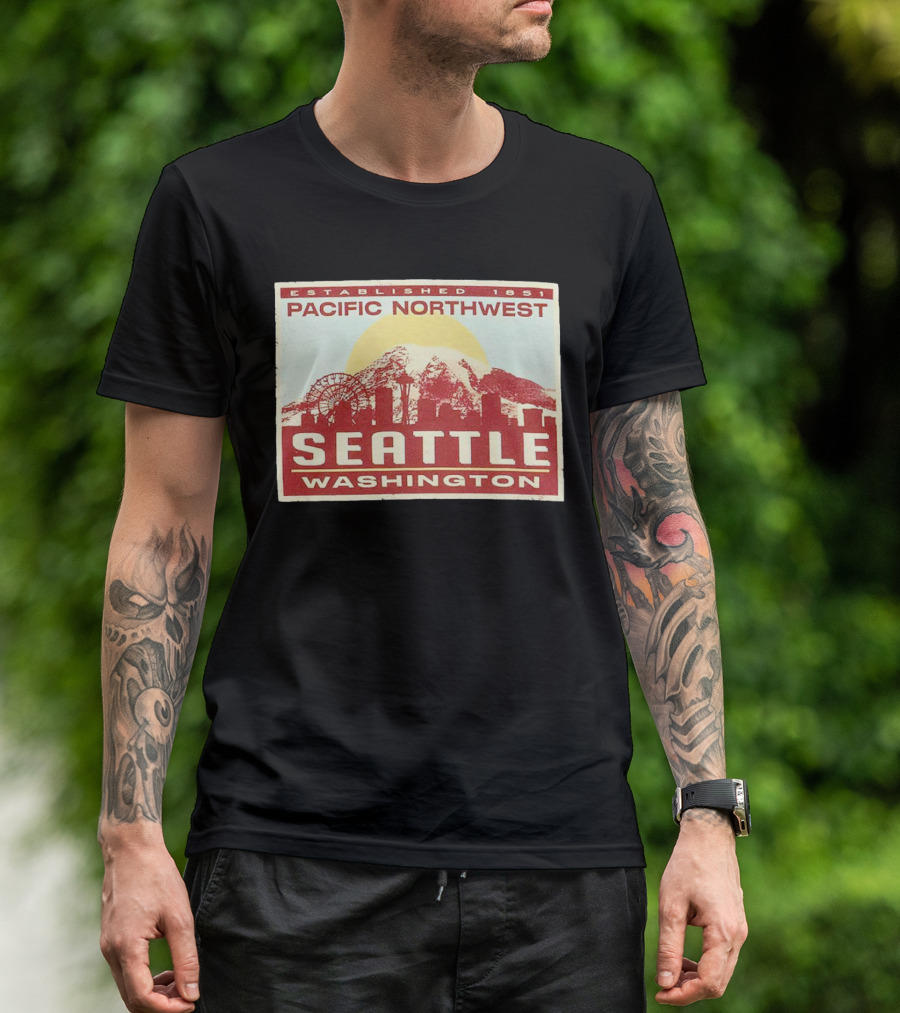 Seattle Pacific Northwest Established 1851 Washington Skyline Ferris Wheel Sun Mountain T-Shirt