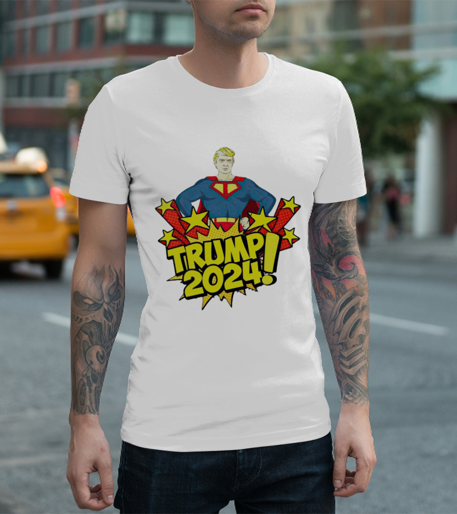 Trump 2024 Superhero Style With Comic Stars And Bursts T-Shirt