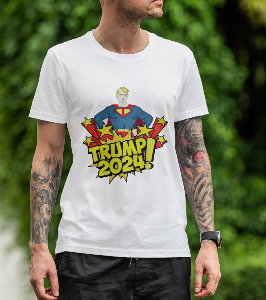 Trump 2024 Superhero Style With Comic Stars And Bursts T-Shirt
