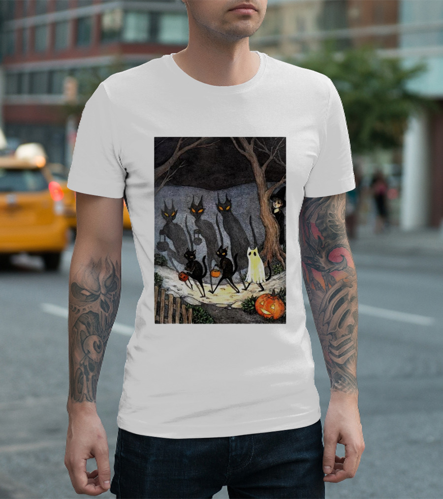 Halloween Black Cats Ghost Pumpkins Night Scene T-Shirt