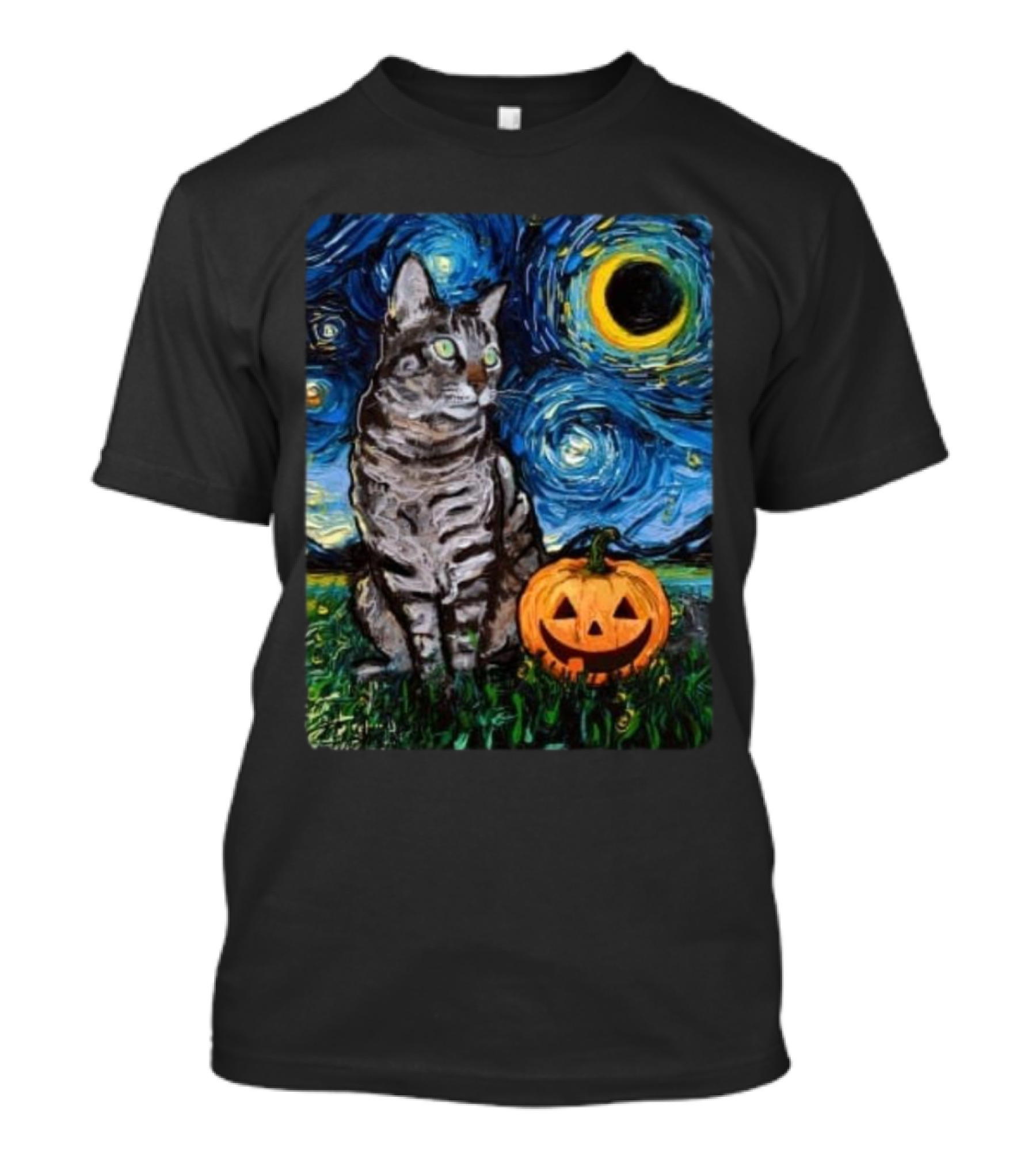 Tabby Halloween Cat With Pumpkin And Starry Night Sky T-Shirt