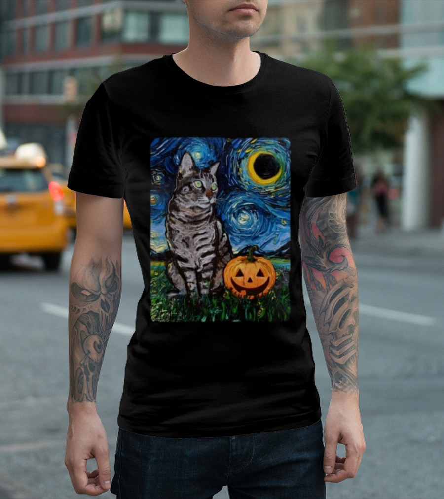 Tabby Halloween Cat With Pumpkin And Starry Night Sky T-Shirt