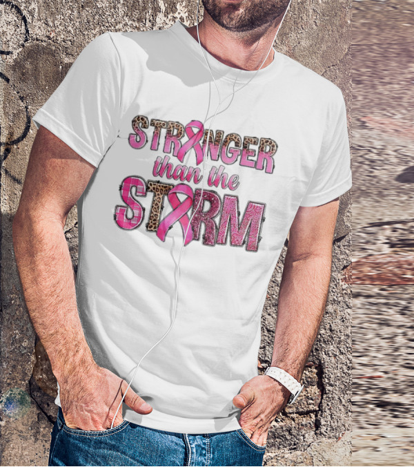 Stronger Than The Storm Breast Cancer Awareness Pink Ribbon Leopard Zebra Print T-Shirt