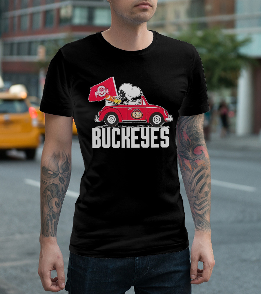 Snoopy and Woodstock Driving Red Car with Ohio State Buckeyes Flag T-Shirt