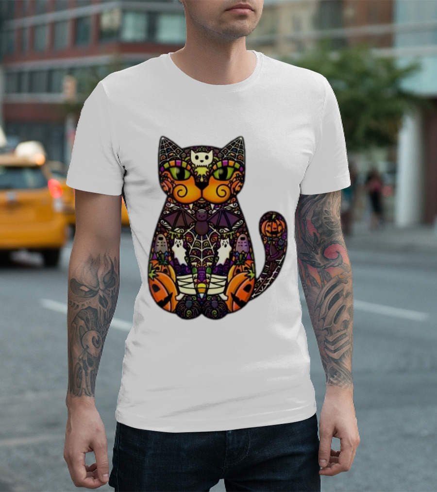 Halloween Cat with Pumpkins Ghosts and Bats T-Shirt