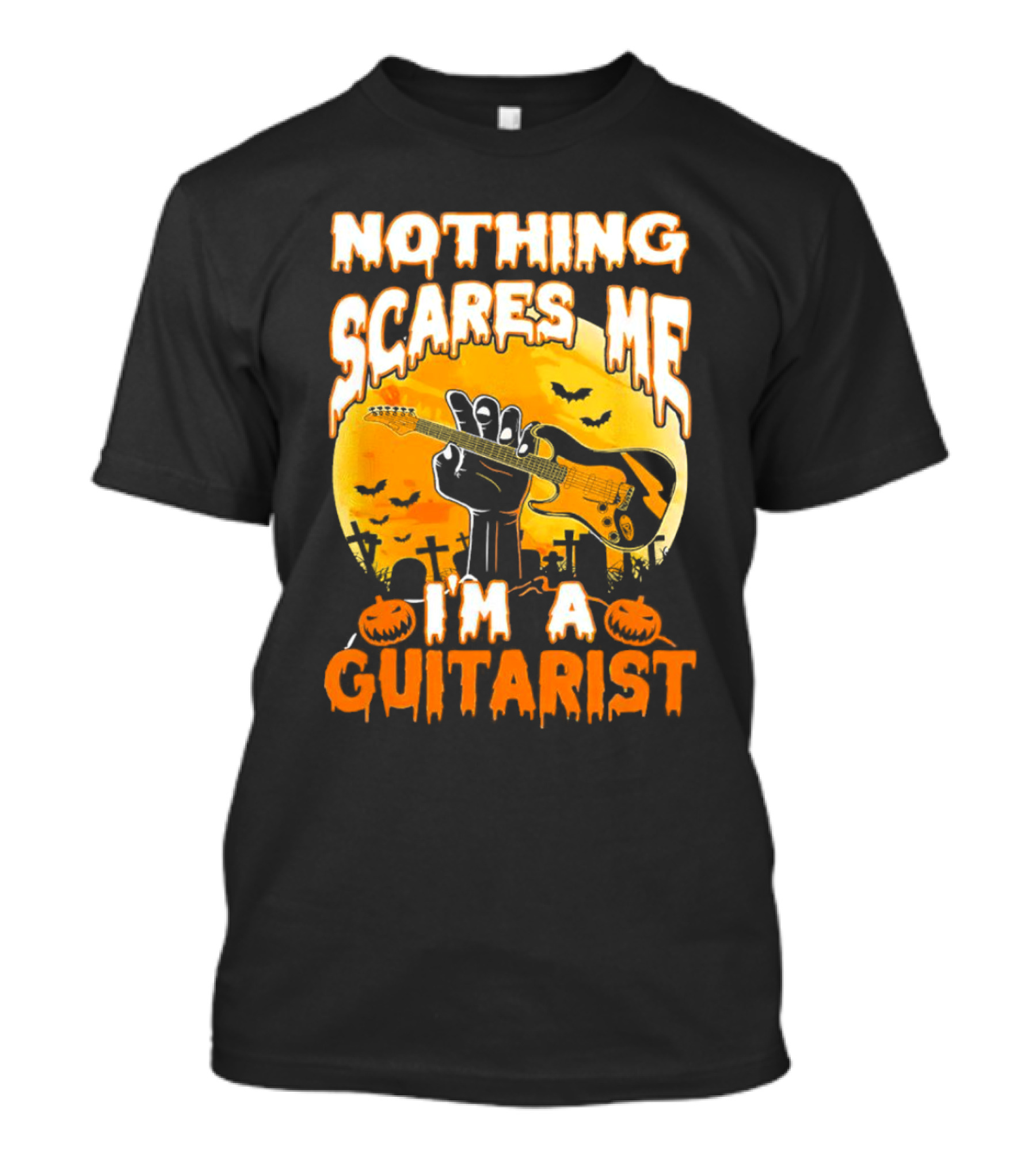 Nothing Scares Me I'm A Guitarist Music Vintage Halloween Graveyard Scene Guitar Hand Pumpkins Bats T-Shirt
