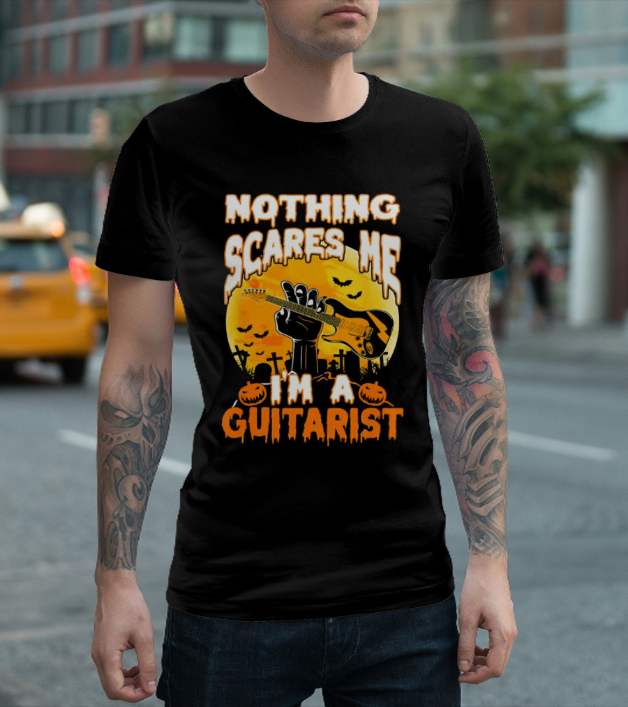 Nothing Scares Me I'm A Guitarist Music Vintage Halloween Graveyard Scene Guitar Hand Pumpkins Bats T-Shirt