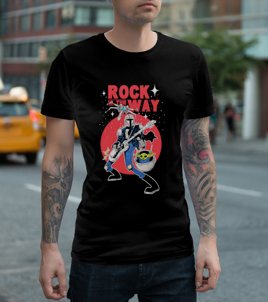 Rock is the Way Din Djarin and Grogu Playing Guitar in Front of Red Moon T-Shirt