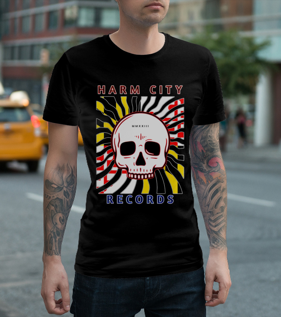 Harm City Records Baltimore Maryland Charm City MMXXIII Skull T-Shirt