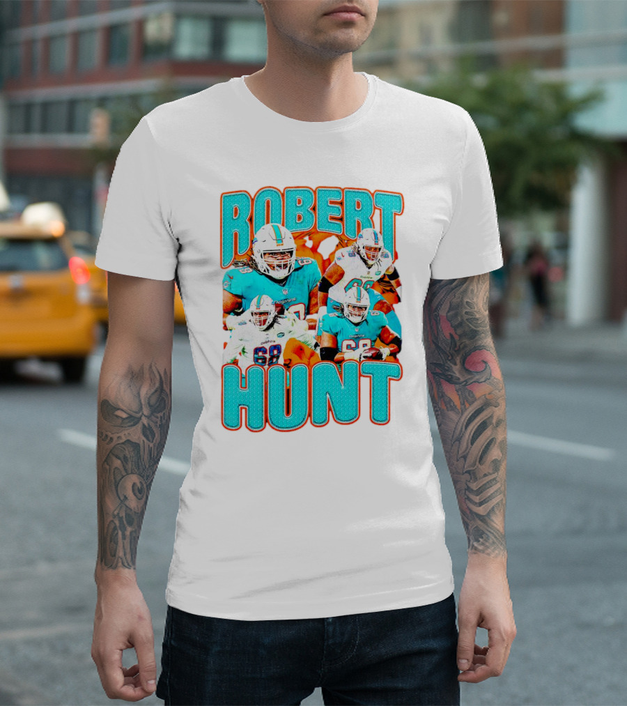 Robert Hunt Miami Dolphins 68 Vintage Football Collage T-Shirt