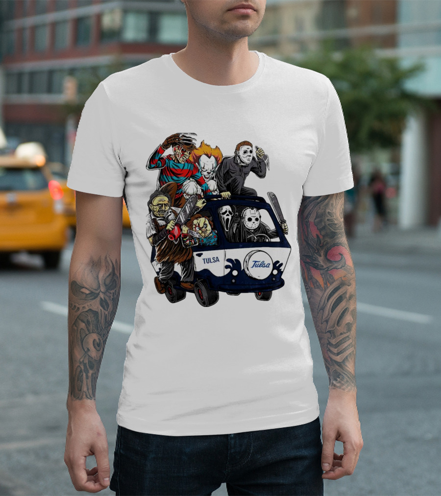 Tulsa Golden Hurricane Halloween Horror Characters Bus T-Shirt