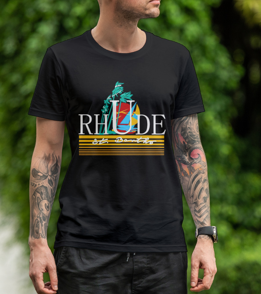 Rhude St Barths Vibrant Tropical Sailboat And Palm Trees T-Shirt