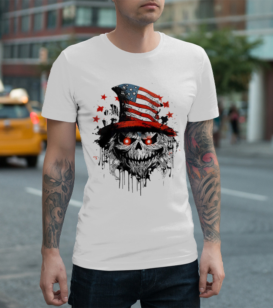 Creepy Uncle Sam Skeleton Skull Hat Dripping Red Eyes Halloween T-Shirt