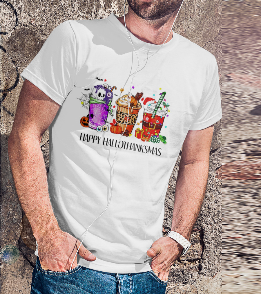 Happy Hallothanksmas With Spooky Fall And Festive Latte Trio T-Shirt