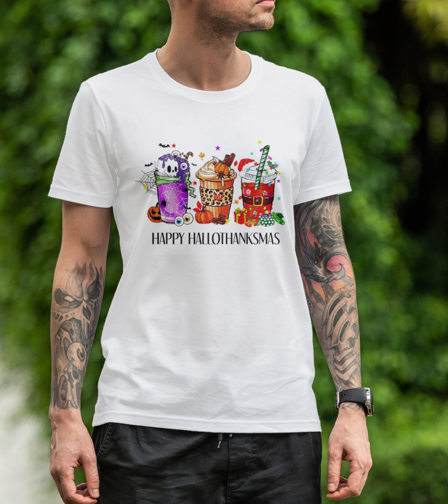 Happy Hallothanksmas With Spooky Fall And Festive Latte Trio T-Shirt