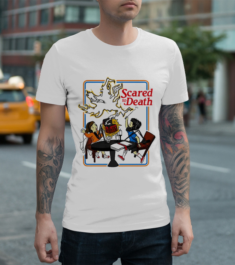 Scared To Death Podcast Horror Theme Two Hosts With Headphones Ghostly Flames T-Shirt