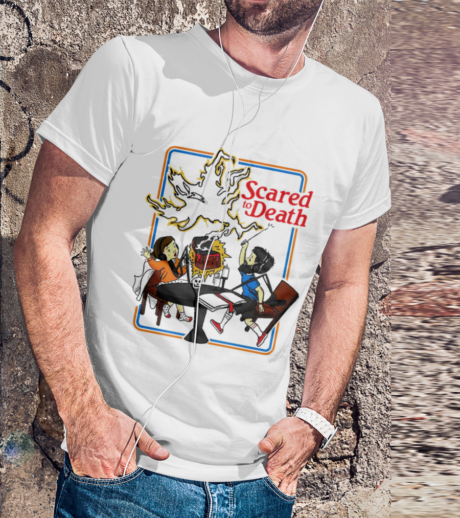Scared To Death Podcast Horror Theme Two Hosts With Headphones Ghostly Flames T-Shirt