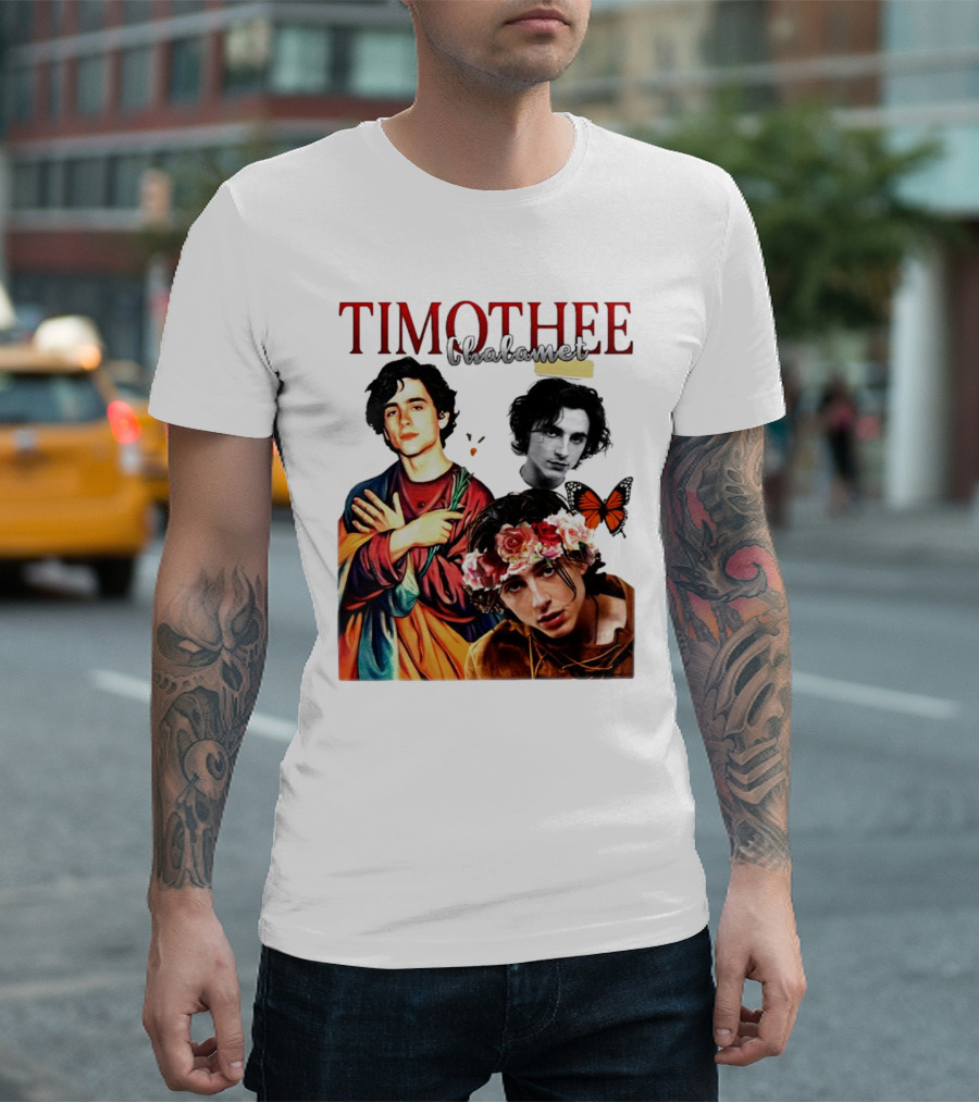 Timothee Chalamet Artistic Collage with Flowers and Butterfly T-Shirt