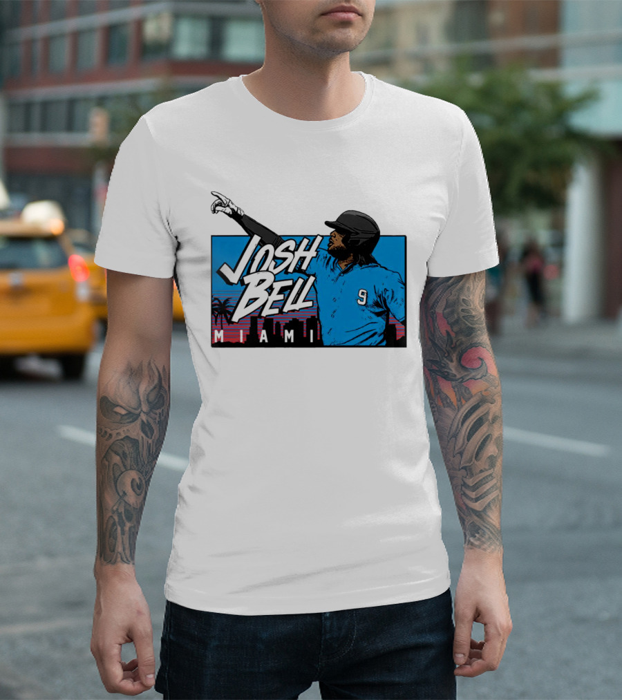 Josh Bell Miami Skyline Baseball Sunset T-Shirt