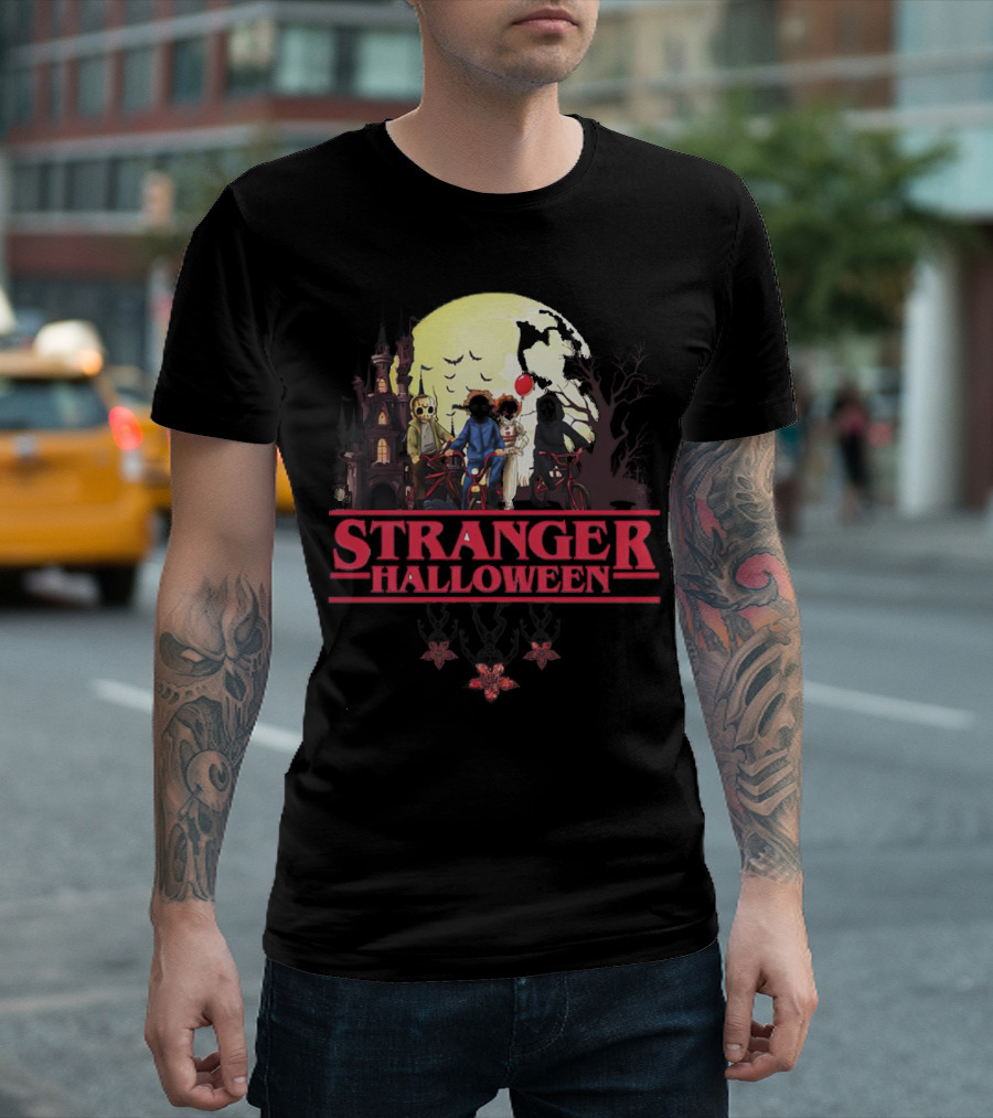 Stranger Halloween Full Moon Scary Characters Horror Movie Background T-Shirt