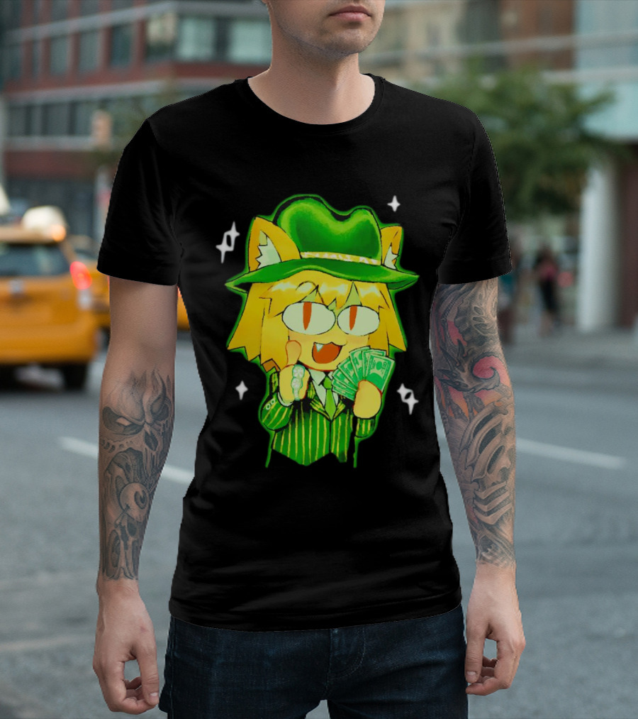 Sunny Waifu Gangster Neco-Arc Anime Cat Character with Money and Green Hat T-Shirt