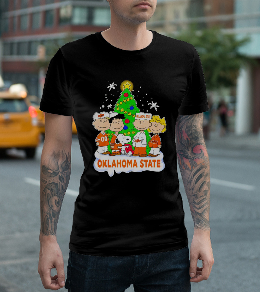 Peanuts Oklahoma State Cowboys Christmas Tree Snoopy Charlie Brown Lucy Peppermint Patty T-Shirt
